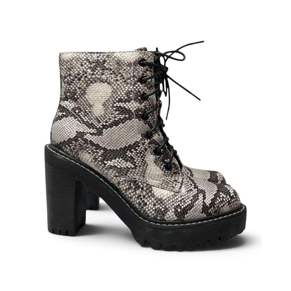 MADDEN GIRL Archiee Snake Print Heeled Combat Boots Lace Up, NEW! Size 7.5